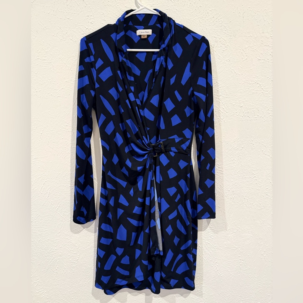 Calvin Klein Black and Blue Long Sleeve Stretch Blue & Black Dress
